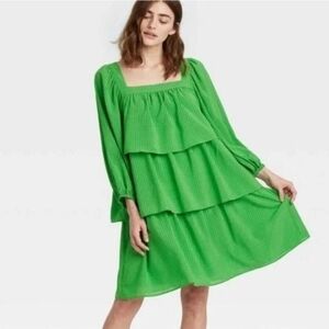 Who What Wear Women's Balloon Sleeve Tiered Dress Green Sz Large Festive Spring